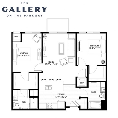 Floor plan for 2 beds, 2 baths, 1066 sqft